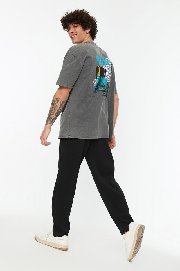 Antrasit Oversize/Geniş Kesim Bisiklet Yaka Kısa Kollu Asit Yıkamalı Baskılı T-Shirt TMNSS22TS0838 - 4