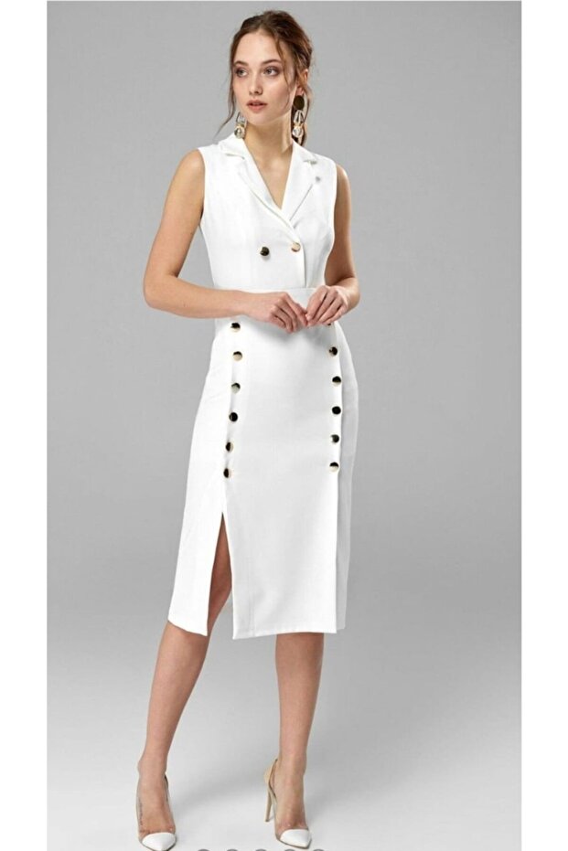 Düğmeli Yırtmaçlı Elbise - 1