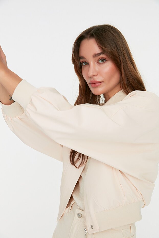 Beżowa, oversize'owa, marszczona, wodoodporna kurtka typu bomber Jacket Coat Twoss22Mo0099 - 3