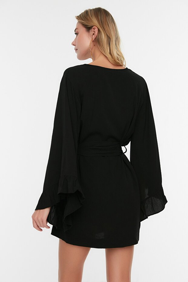 Siyah Dokuma Plaj Mini Kuşaklı Kimono&Kaftan TBESS21KM0002 - 4
