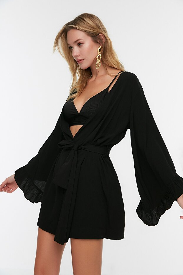 Siyah Dokuma Plaj Mini Kuşaklı Kimono&Kaftan TBESS21KM0002 - 5