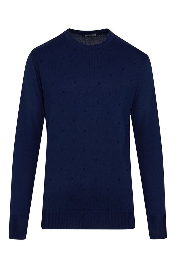 Indigo Regular Fit Desenli Bisiklet Yaka Yünlü Yün Kazak - 1