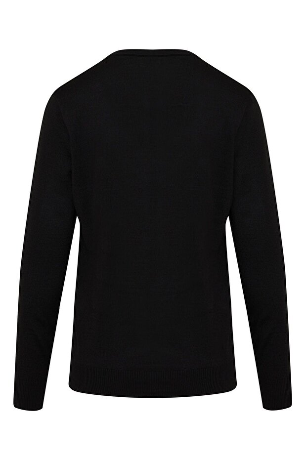 Siyah Regular Fit Desenli V Yaka Yünlü Yün Kazak - 2