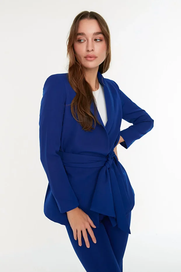 Indigoblaue, gewebte Blazerjacke mit normaler Bindung TWOSS22CE0175 - 7