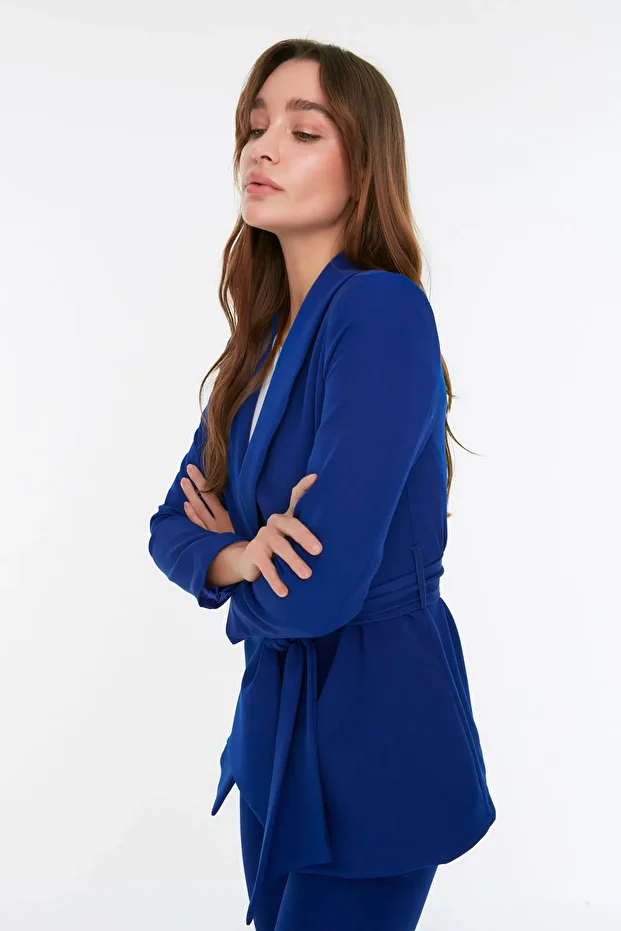 Indigoblaue, gewebte Blazerjacke mit normaler Bindung TWOSS22CE0175 - 8