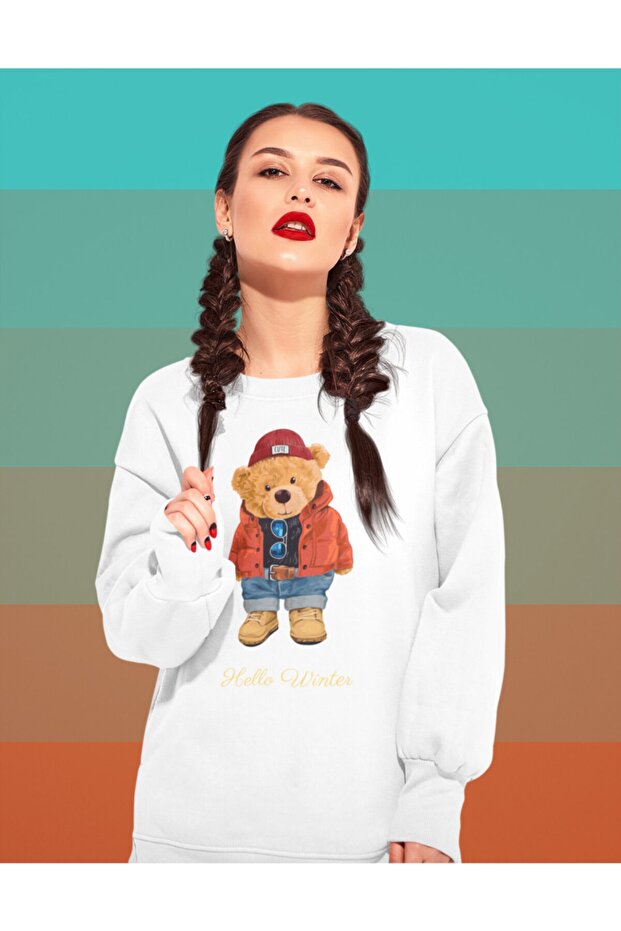 Hello Winter Teddy Bear Printed Unisex Sweatshirt