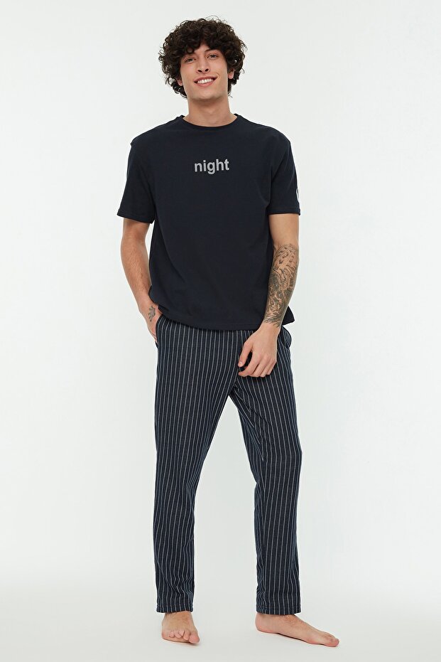 Lacivert Baskılı Regular Fit Örme Pijama Takımı THMAW21PT0393 - 2