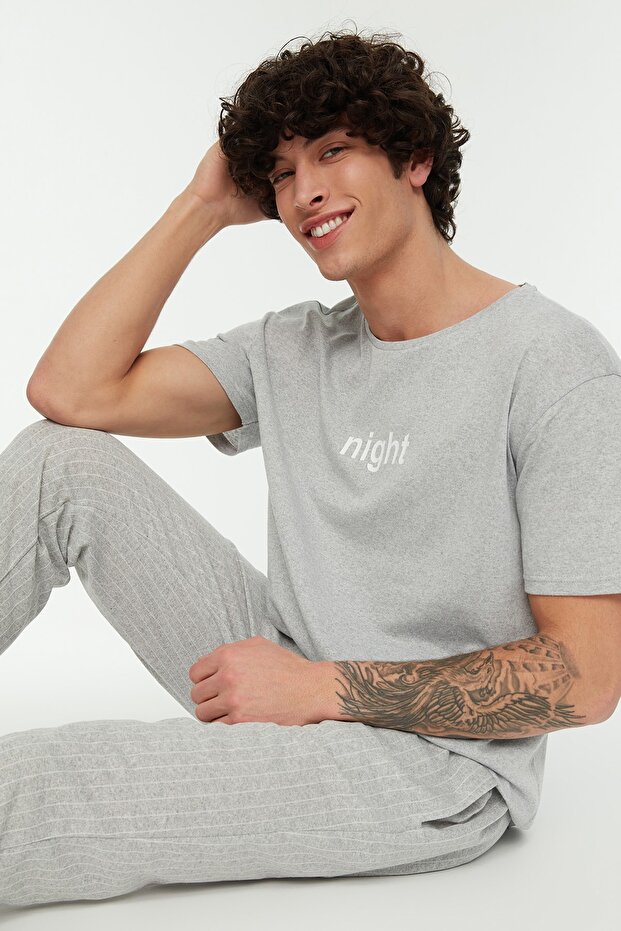 Gri Baskılı Regular Fit Örme Pijama Takımı THMAW21PT0393 - 2