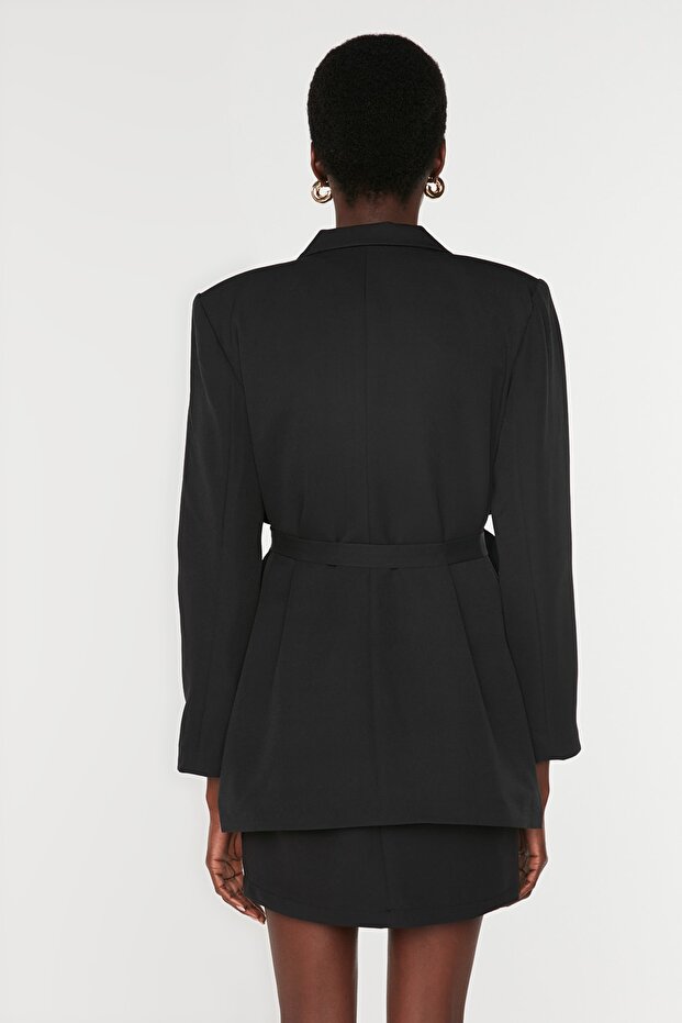 Siyah Kuşaklı Regular Astarlı Kruvaze Kapama Dokuma Blazer Ceket TWOAW21CE0320 - 7