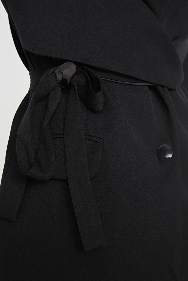 Siyah Kuşaklı Regular Astarlı Kruvaze Kapama Dokuma Blazer Ceket TWOAW21CE0320 - 6
