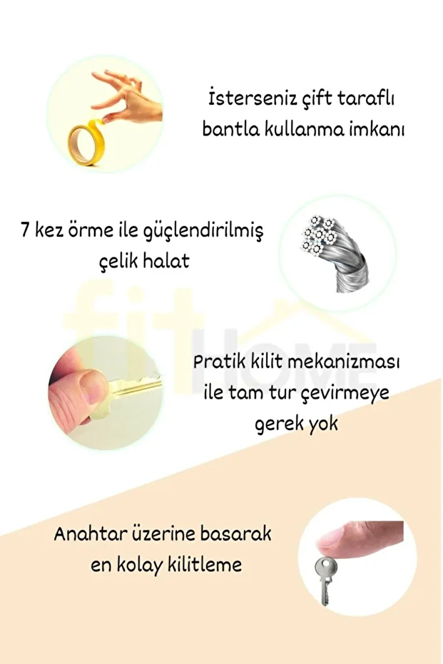 Çelik Halatlı Cam Kilidi Pvc Pimapen Anahtarlı Hırsız Kilidi Bebek Çocuk Emniyet Kilidi - 8