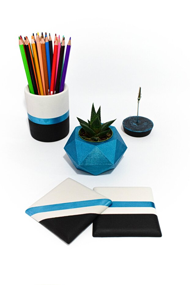 Office Set Pen Holder Flower Pot Note Pad Cactus And Coasters