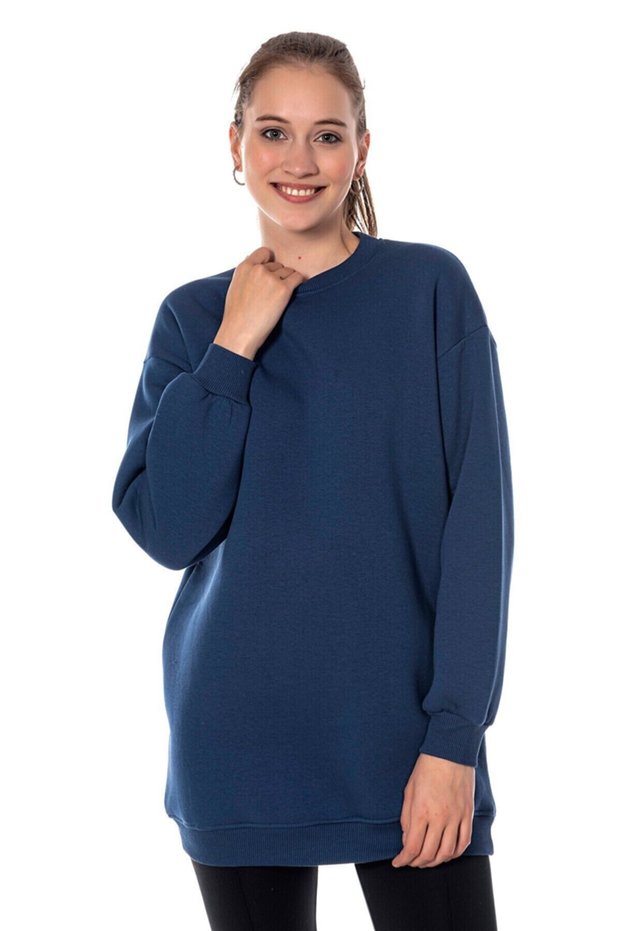 Kadın Indigo Mavi Renk Uzun Kesim Basic Örme Sweatshirt