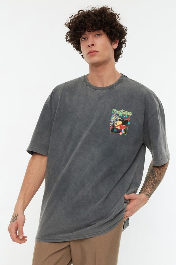Antrasit Oversize/Geniş Kesim Soluk Efektli Mistik Baskılı %100 Pamuklu T-Shirt TMNSS22TS0831 - 2