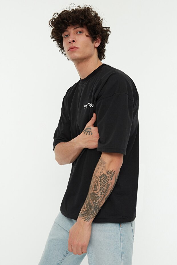 Siyah Oversize/Geniş Kesim %100 Pamuklu Sırt Baskılı T-Shirt TMNSS22TS0913 - 3