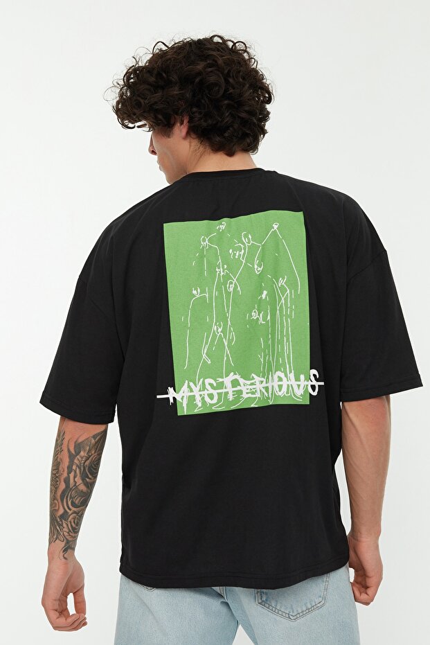 Siyah Oversize/Geniş Kesim %100 Pamuklu Sırt Baskılı T-Shirt TMNSS22TS0913 - 1