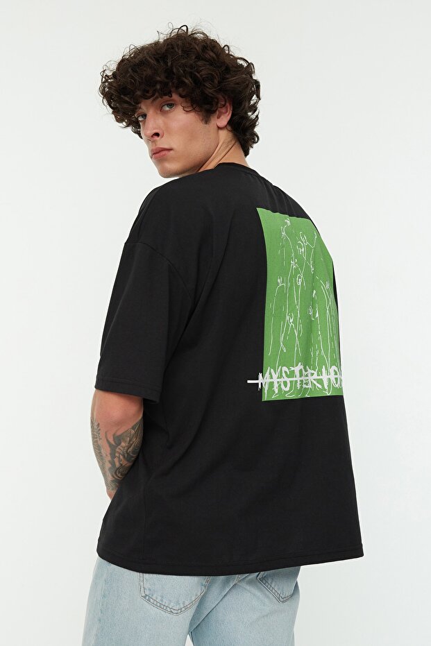 Siyah Oversize/Geniş Kesim %100 Pamuklu Sırt Baskılı T-Shirt TMNSS22TS0913 - 5