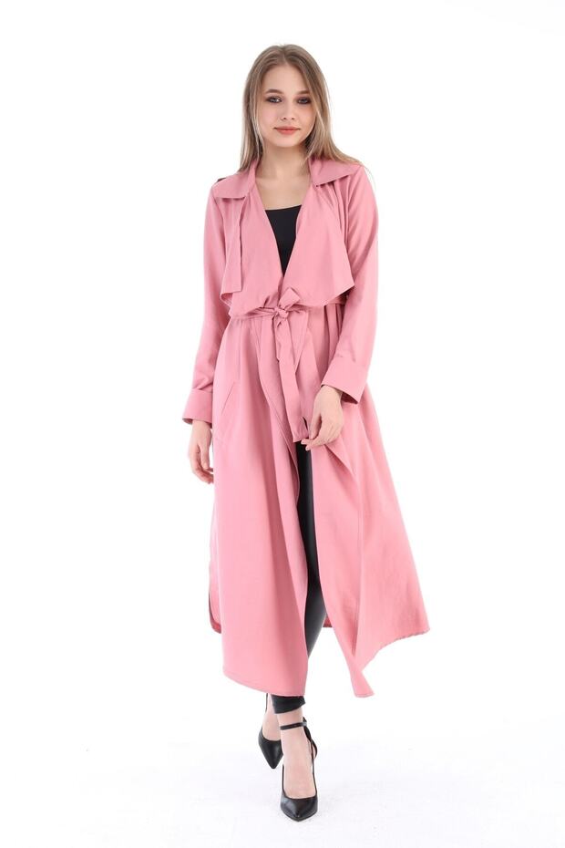 Long Pink Women's Jacket with Epaulettes and Slits on the Sides and Belted