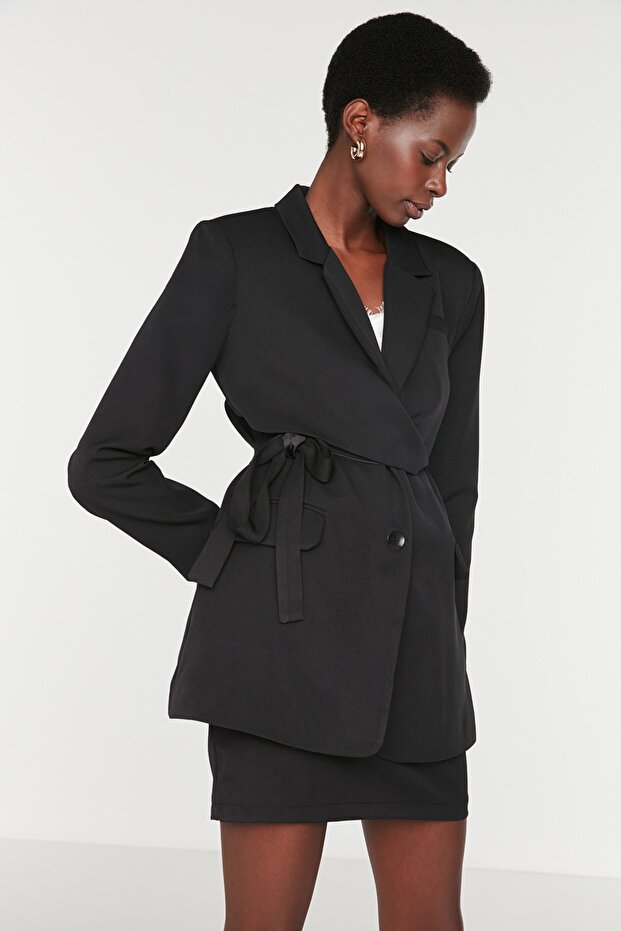 Siyah Kuşaklı Regular Astarlı Kruvaze Kapama Dokuma Blazer Ceket TWOAW21CE0320 - 4