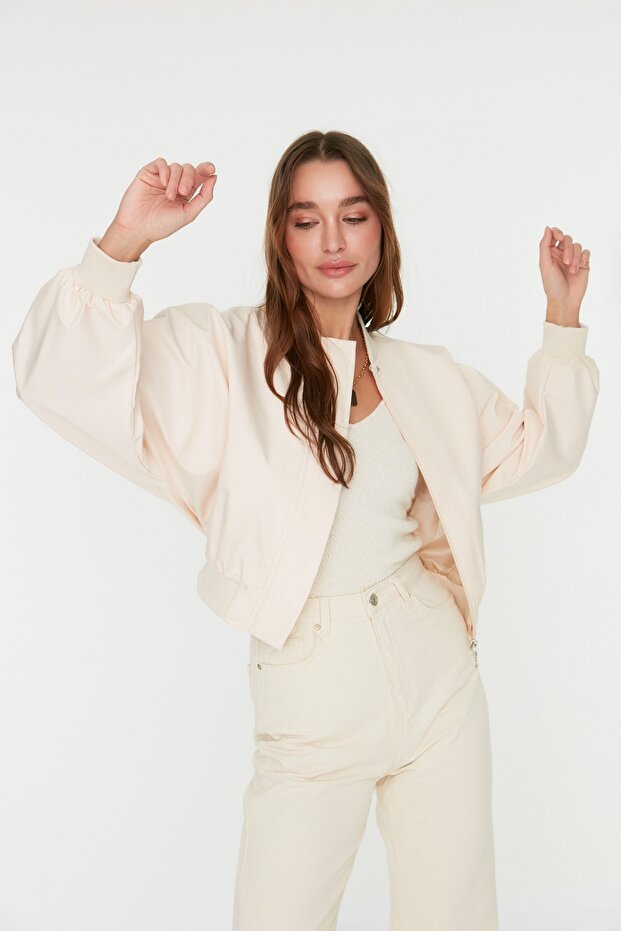 Beżowa, oversize'owa, marszczona, wodoodporna kurtka typu bomber Jacket Coat Twoss22Mo0099 - 2