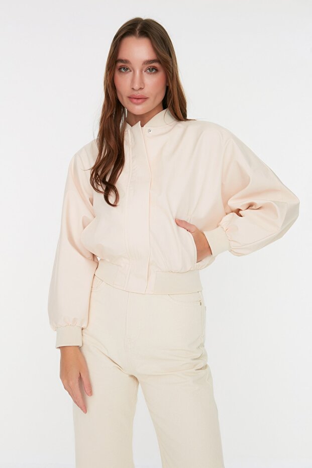 Beżowa, oversize'owa, marszczona, wodoodporna kurtka typu bomber Jacket Coat Twoss22Mo0099 - 4