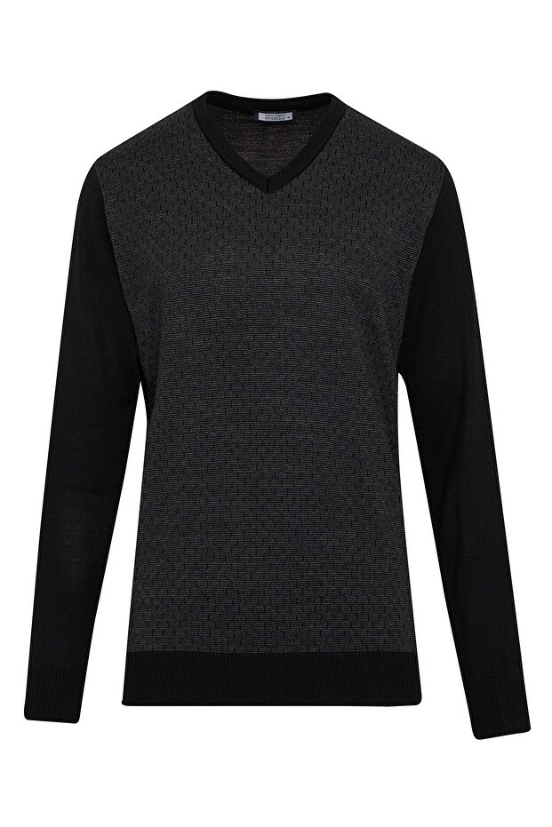 Siyah Regular Fit Desenli V Yaka Yünlü Yün Kazak - 1