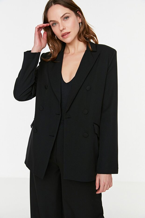 Siyah Regular Astarlı Dokuma Blazer Ceket TWOSS21CE0137 - 6