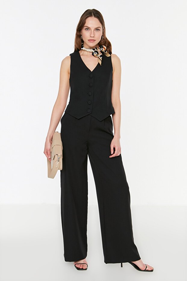 Black Fitted Buttoned Crop Woven Vest Twoss21Ye0009 - 3