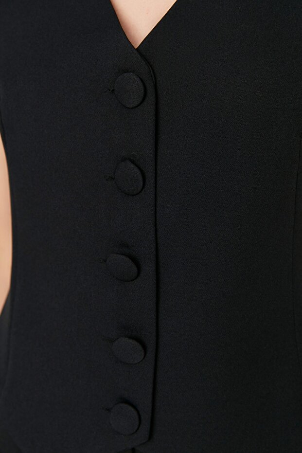 Black Fitted Buttoned Crop Woven Vest Twoss21Ye0009 - 4