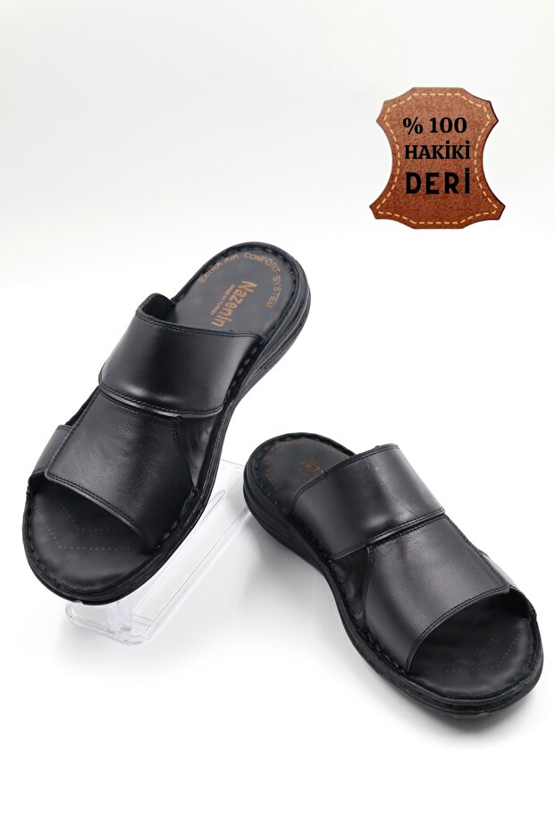 Men's Black Genuine Leather Soft Sole Fuspet Slippers