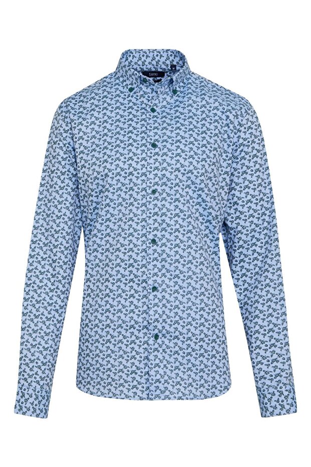 Green Comfort Fit Printed 100% Cotton Buttoned Collar Long Sleeve Casual Shirt