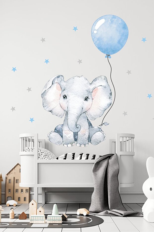Elephant And Balloon Themed Blue Wall Sticker Decoration Set
