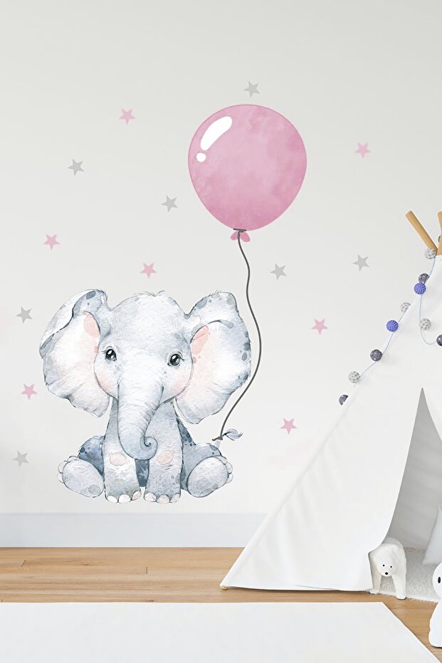 Elephant And Balloon Themed Blue Wall Sticker Decoration Set