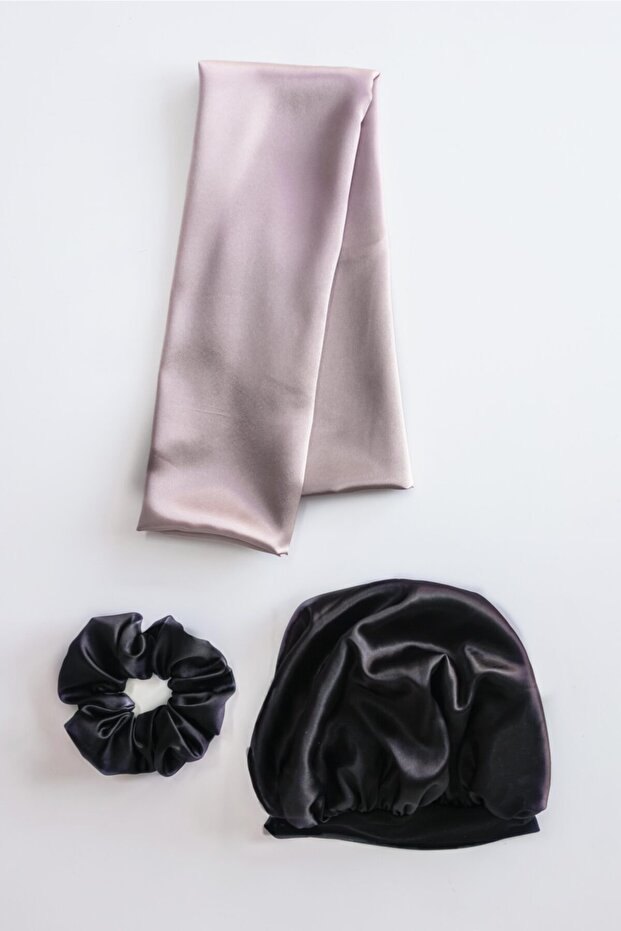 Black Satin Bonnet, Light Brown Pillow and Buckle Set for Curly Hair