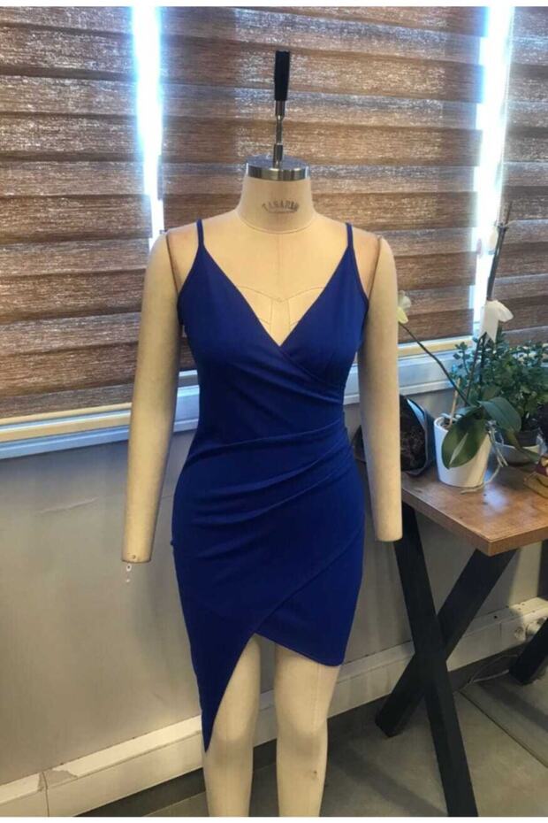 Double Breasted Collar Asymmetrical Cut Thin Straps Flexible Crepe Fabric Cobalt Blue Mini Dress Evening Dress 073