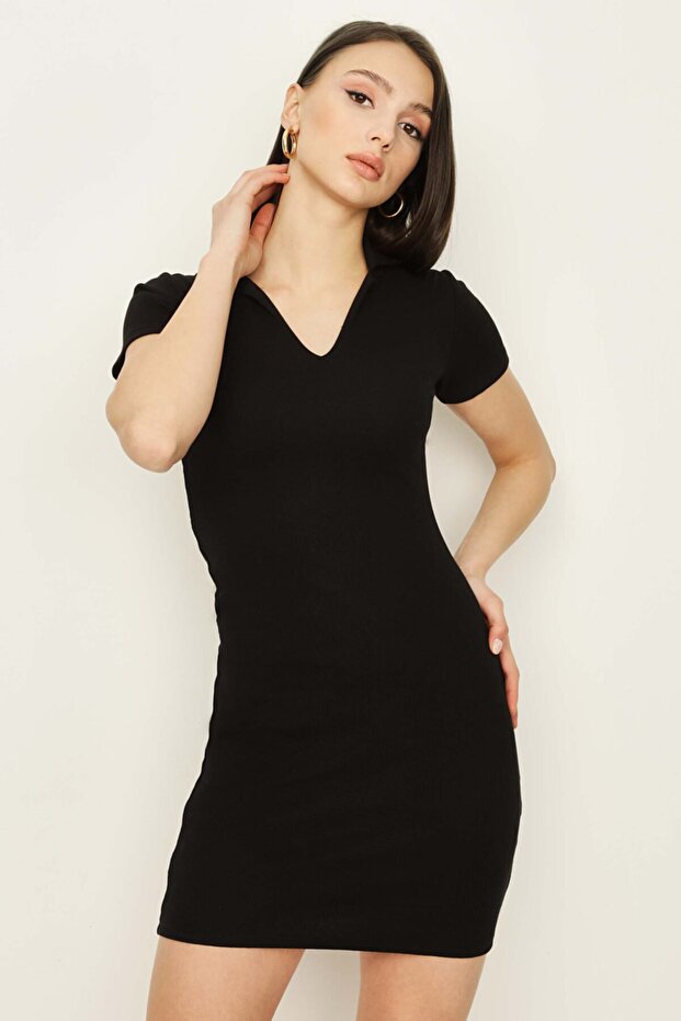 Kadın Siyah Gömlek Yaka Örme Elbise - 2