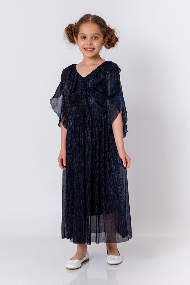 Girl's Navy Blue Long Dress with Flounce Collar