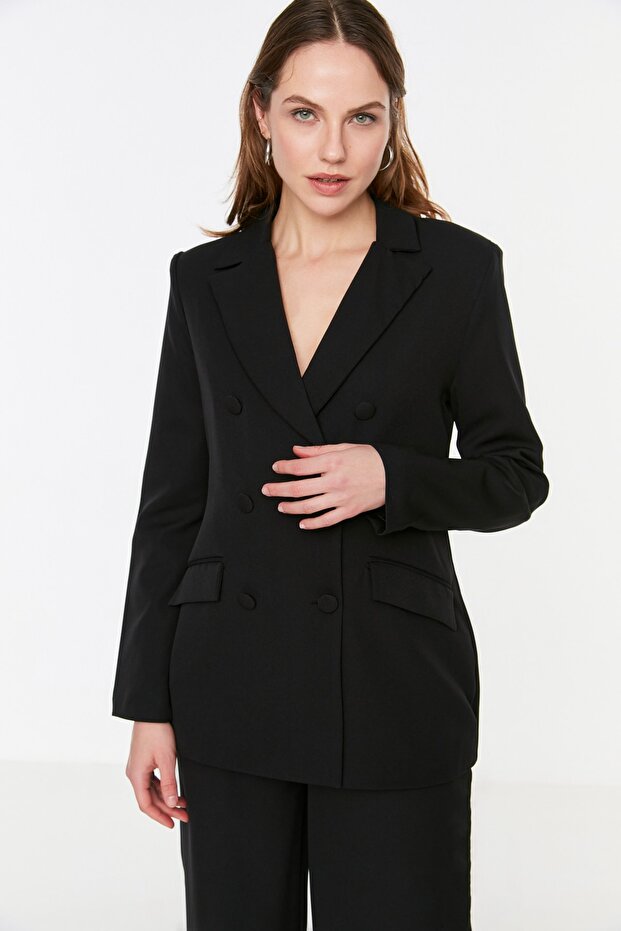 Siyah Regular Astarlı Dokuma Blazer Ceket TWOSS21CE0137 - 7