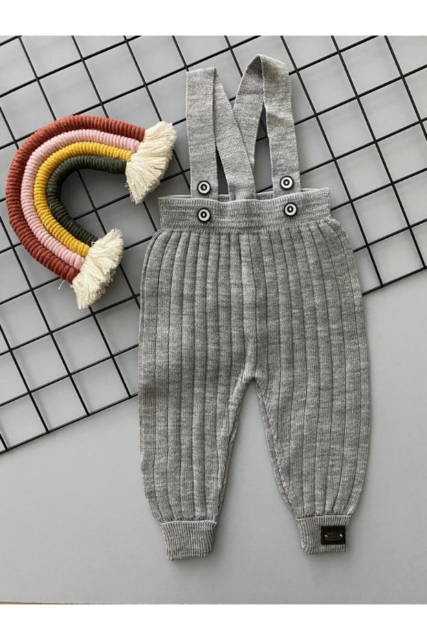 Gray Color Front Buttoned Strap Adjustable Unisex Baby Knitwear Salopet Leggings Trousers