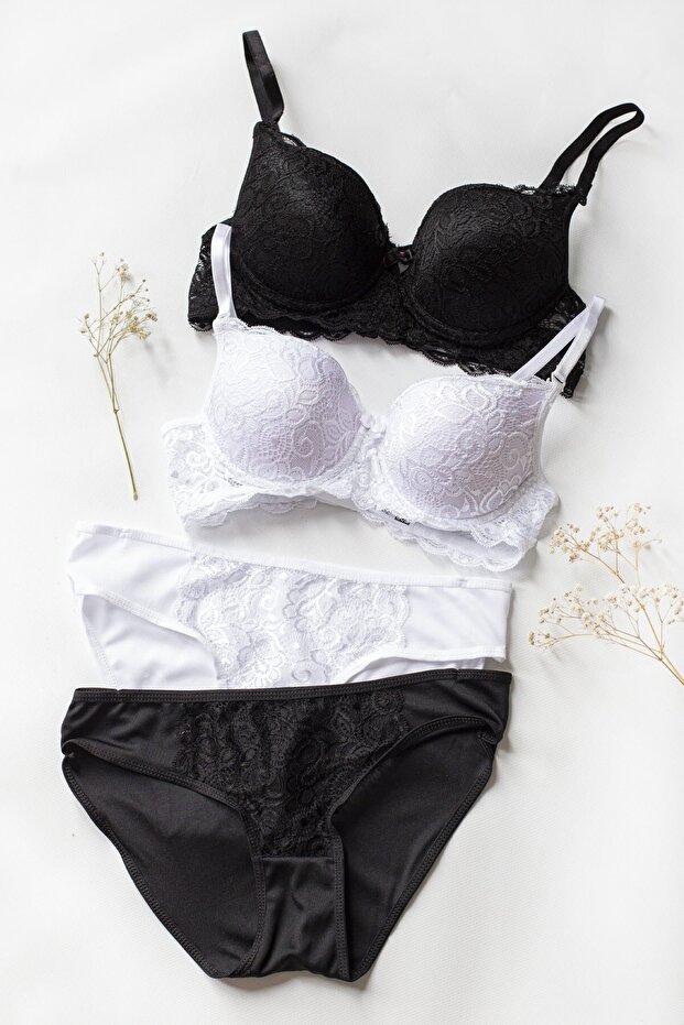 Kadın Siyah Ve Beyaz Dolgulu Balenli Sütyen Külot 2'li Paket - 1