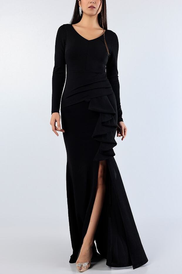 Black Slit Layer V-Neck Long New Season Dress 129290 Trend