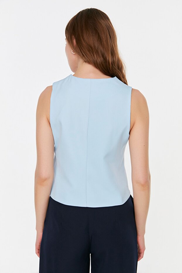 Açık Mavi Fitted Düğmeli Crop Dokuma Yelek TWOSS21YE0009 - 6