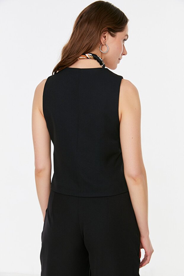 Black Fitted Buttoned Crop Woven Vest Twoss21Ye0009 - 5