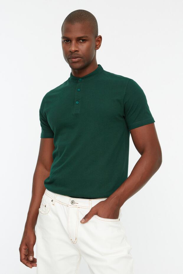 Szmaragdowozielona koszulka z kołnierzem typu polo, 100% bawełna TMNSS21PO0036 - 6