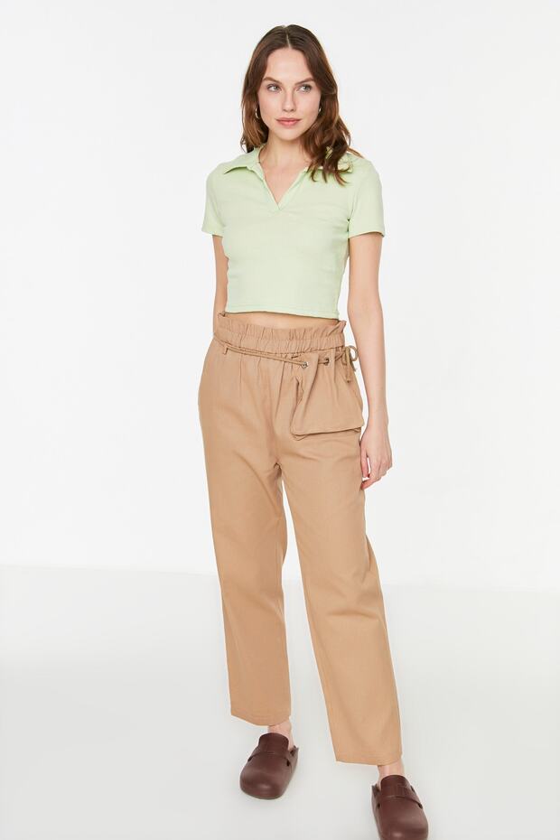 Mint Fitted/Vücuda Oturan Crop Polo Yaka Fitilli Esnek Örme Bluz TWOSS21BZ0038 - 2