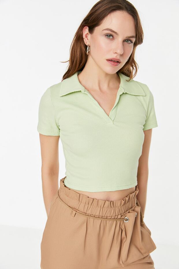 Mint Fitted/Vücuda Oturan Crop Polo Yaka Fitilli Esnek Örme Bluz TWOSS21BZ0038 - 3