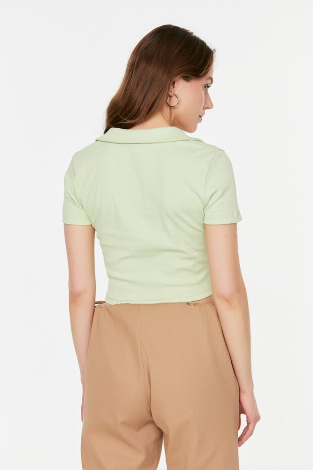 Mint Fitted/Vücuda Oturan Crop Polo Yaka Fitilli Esnek Örme Bluz TWOSS21BZ0038 - 5