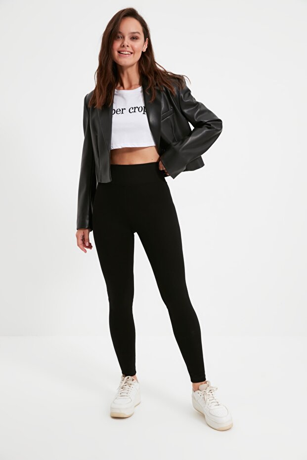 Schwarze High Waist Basic Interlock Strickstrumpfhose mit elastischem Bund TWOAW20TA0047 - 1