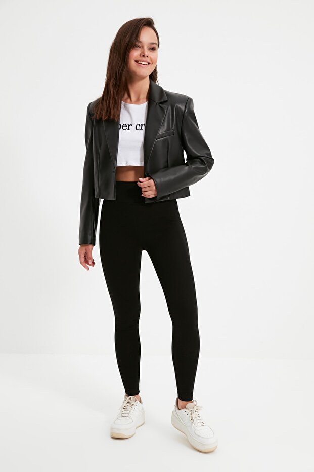 Schwarze High Waist Basic Interlock Strickstrumpfhose mit elastischem Bund TWOAW20TA0047 - 4