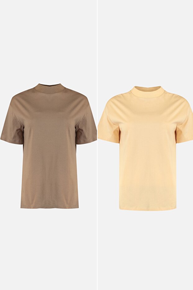 Bej-Vizon 2'li Paket %100 Pamuk Basic Dik Yaka Örme T-Shirt TWOSS20TS1500 - 6